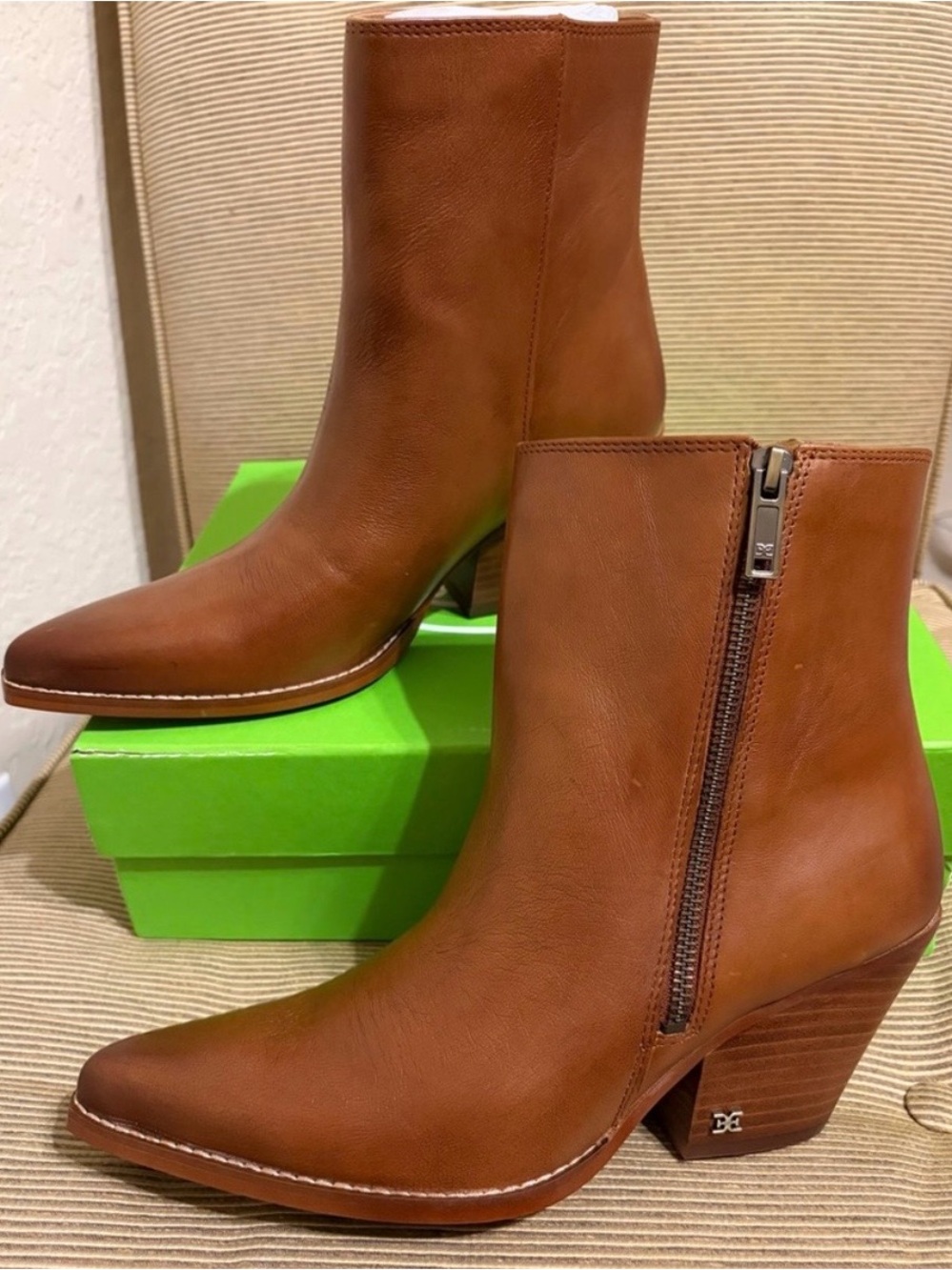 Sam Edelman Cognac Leather Pointed Toe Ankle Boots